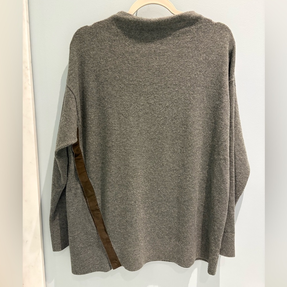 Brochu Walker Gray Cashmere Funnel Neck Sweater with Brown Asymmetrical Detail